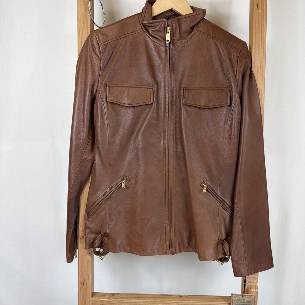 NWT Reaction Kenneth Cole Brown Pockets Zip Up Leather Jacket #1236 Size LG